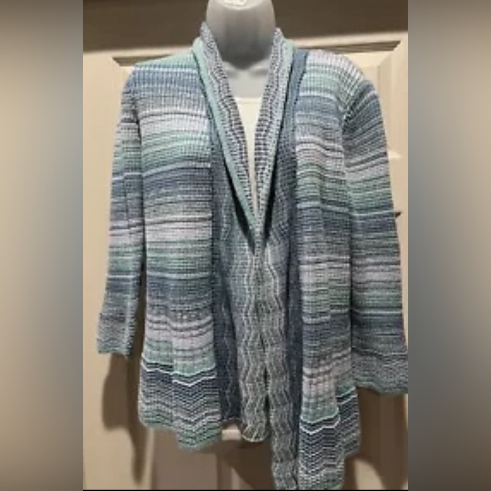 Alfred Dunner Womens S Seafoam Glitter Striped Cardigan Sweater
